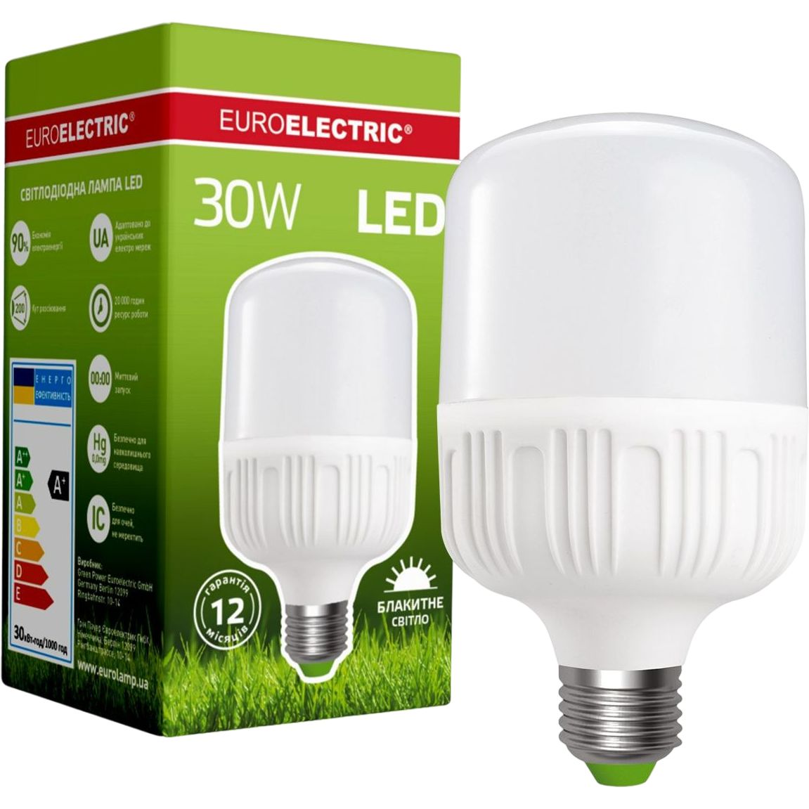 Светодиодная лампа Euroelectric LED Сверхмощная Plastic, 30W, E27, 6500K (40) (LED-HP-30276(P)) - фото 1