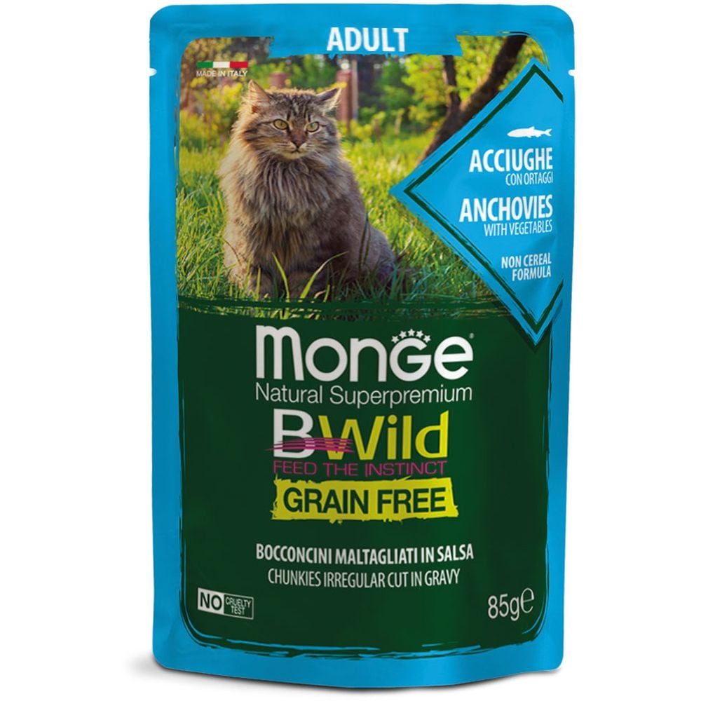 Вологий корм для котів Monge Cat Вwild Gr. Free Wet Adult, анчоус з овочами, 85 г - фото 1