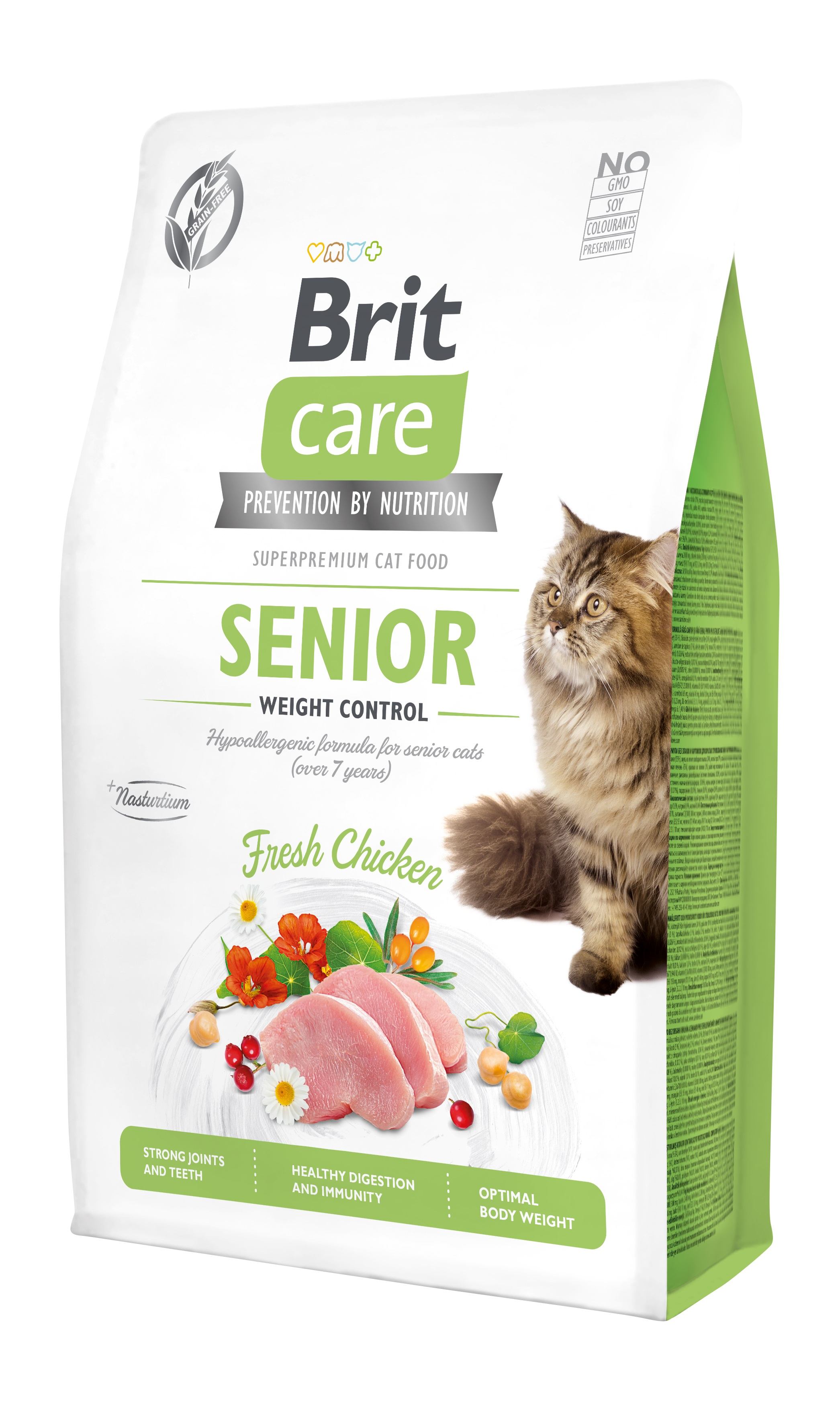 Беззерновой сухий корм для літніх кішок з надмірною вагою Brit Care Cat GF Senior Weight Control, з куркою, 2 кг - фото 1