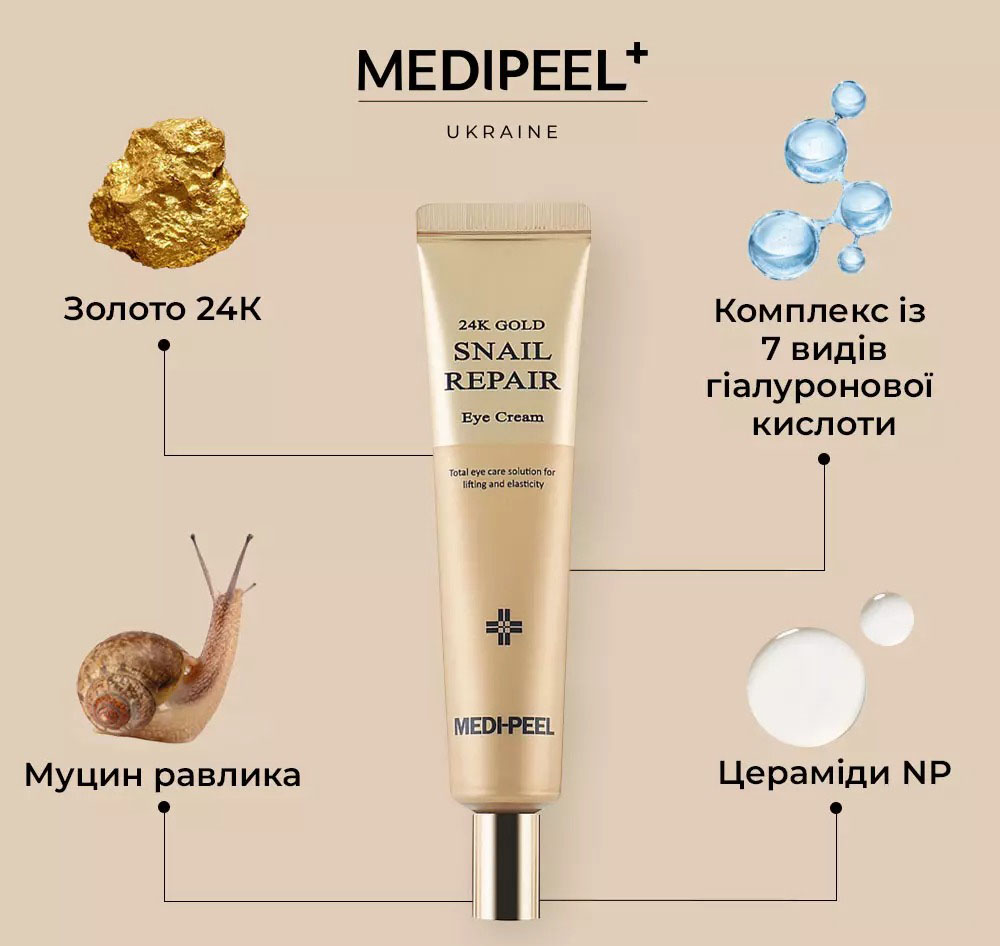 Крем для повік Medi-Peel 24K Gold Snail Repair Eye Cream із золотом та муцином равлика регенерувальний 40 мл - фото 3