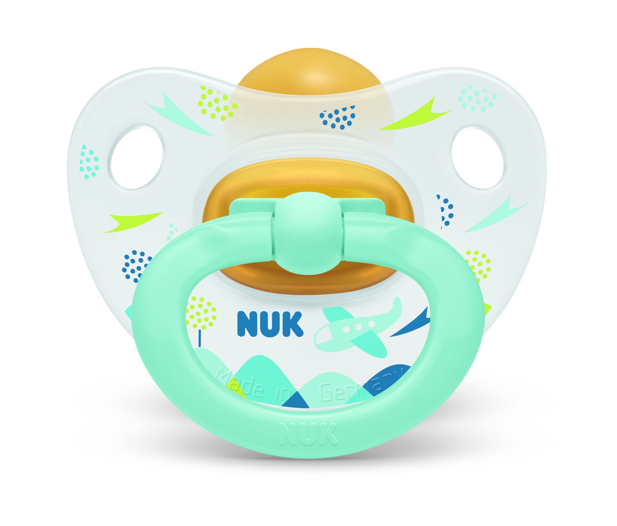 Пустышка латексная NUK Happy Kids Самолет, ортодонтическая, 18+ мес., салатовый (3952339) - фото 1