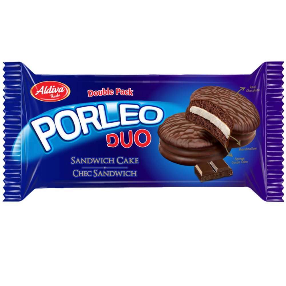 Пирожное-сэндвич Aldiva Porleo Duo с какао в шоколадной глазури и начинкой маршмеллоу 46 г (2 шт. по 23 г) - фото 1
