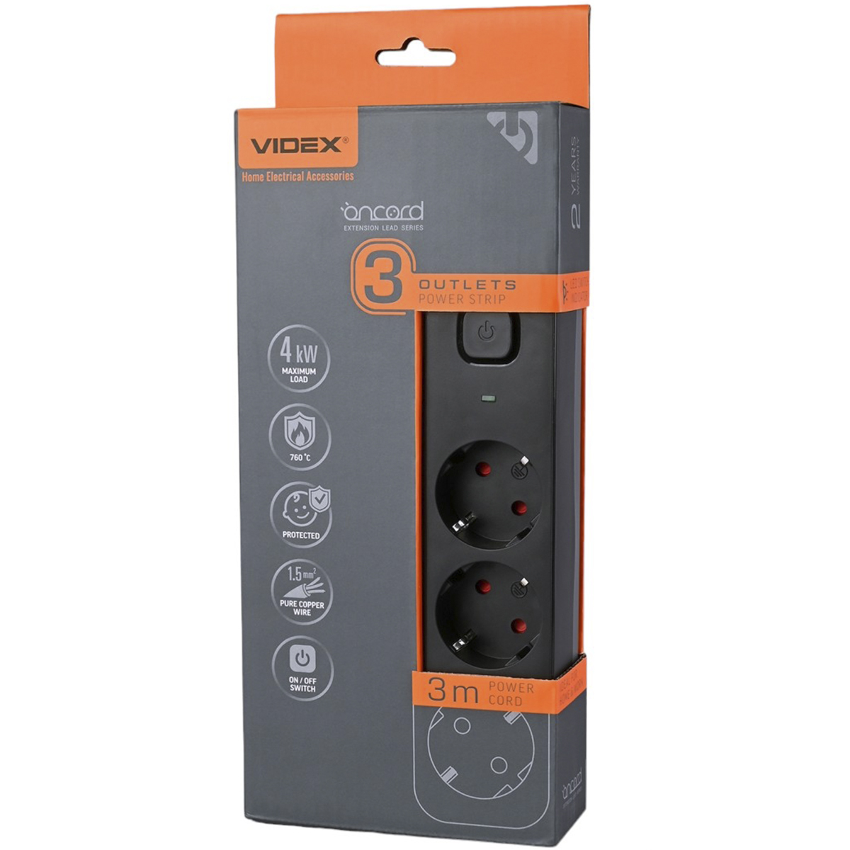 Сетевой удлинитель Videx Oncord с кнопкой с/з 3п 3 м 3x1.5 мм black (VF-PD33G-B) - фото 1