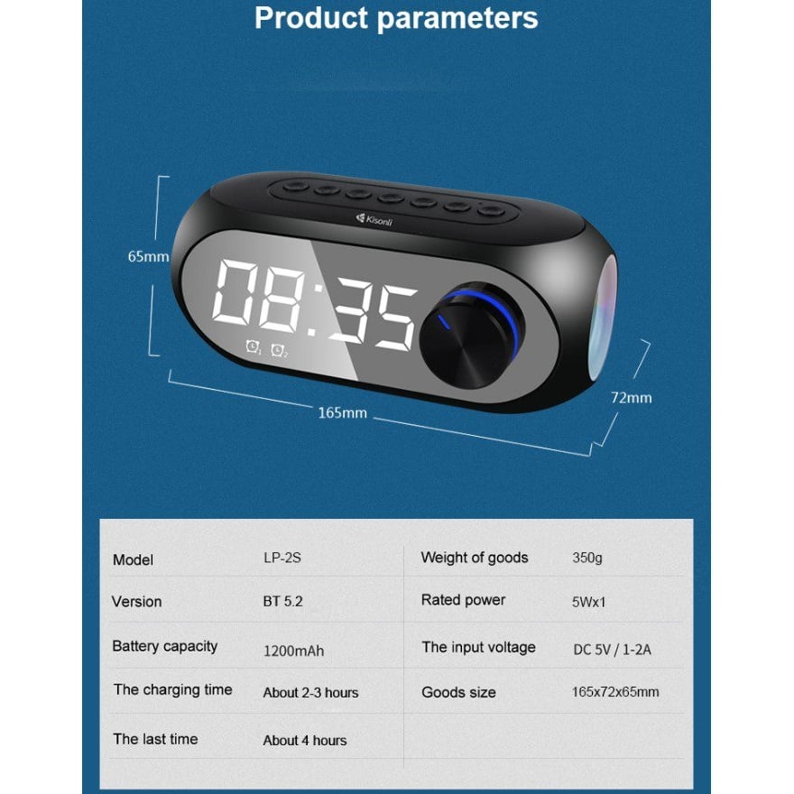 Портативная колонка часы будильник Kisonli LP2S Bluetooth 1200 mAh 5 Вт Black - фото 3