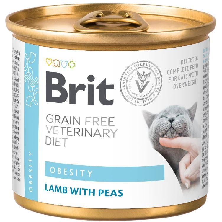 Консервированный корм для кошек Brit GF Veterinary Diet Cat Cans Obesity при ожирении и избыточном весе, с ягненком и горохом, 200 г - фото 1