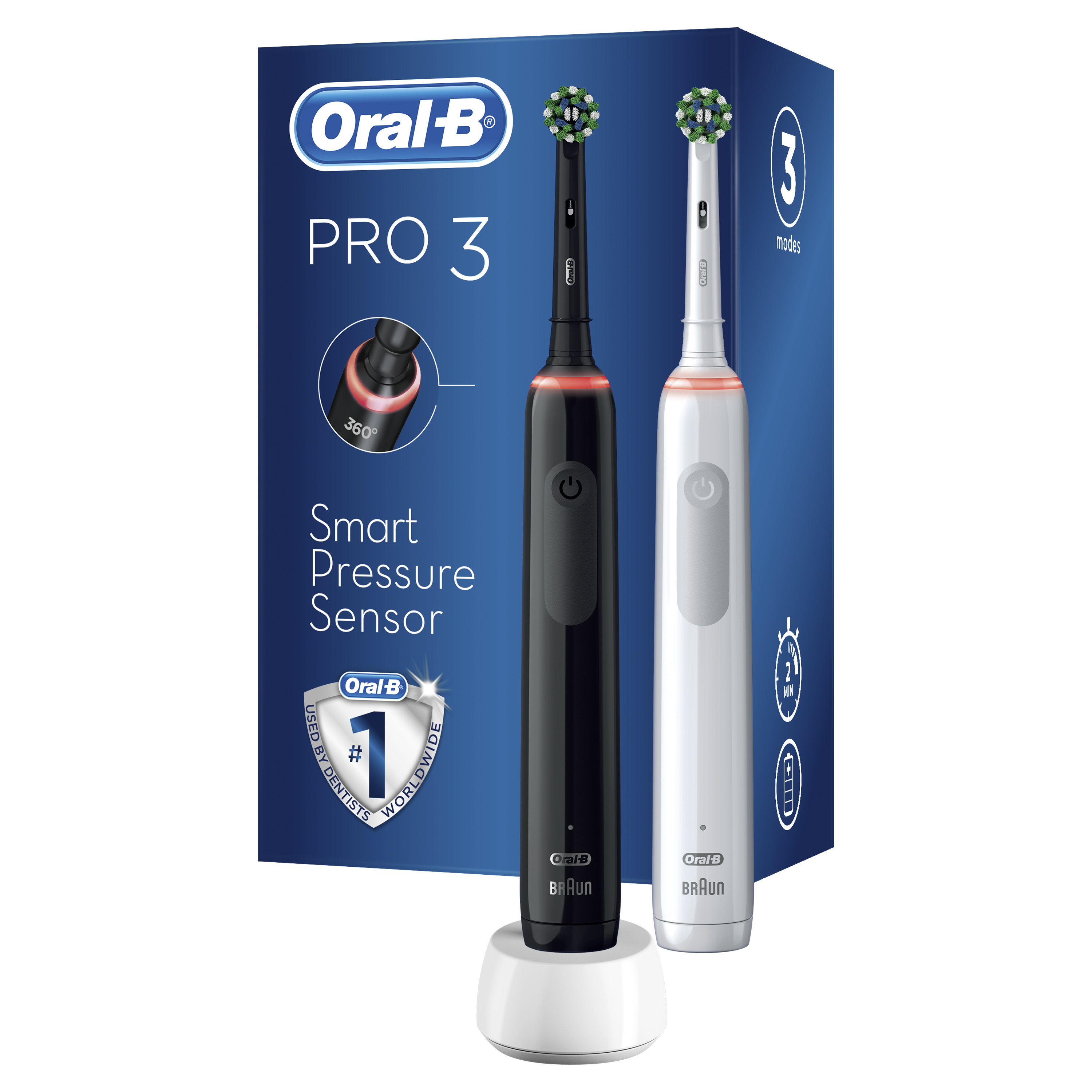 Набор электрических зубных щёток Oral-B Pro 3 3900 СrossAсtion, Черная и Белая - фото 1