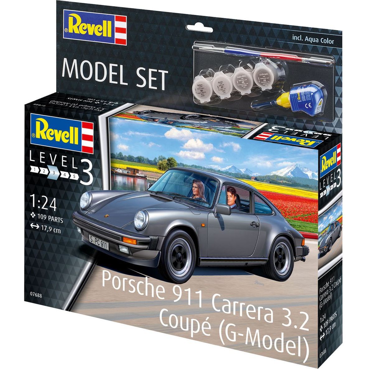 Сборная модель Revell Автомобиль Porsche 911 Carrera 3.2 Coupe уровень 3, масштаб 1:24, 109 деталей (RVL-67688) - фото 1