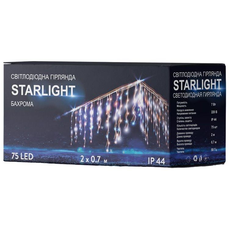 Гирлянда уличная Starlight бахрома белый свет черный кабель 75 LED 2x0.7 м (57269) - фото 1