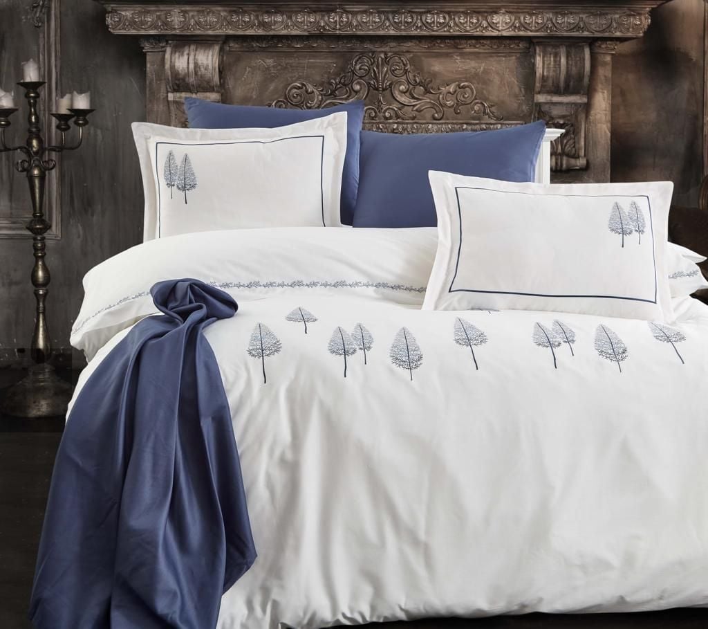 Комплект постельного белья Dantela Vita Pamira beyaz-lacivert сатин с вышивкой евро бело-синий (svt-2000022308595) - фото 1