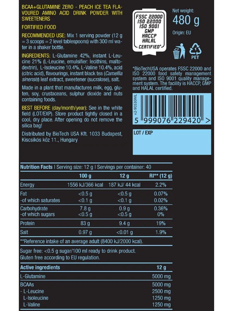 Аминокислоты BioTech BCAA+Glutamine Zero Персиковый чай 480 г - фото 2
