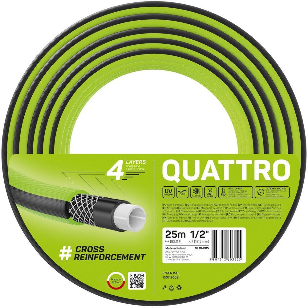 Шланг садовый Cellfast Quatro 4 слоя, до 20 бар 1/2'' 25 м (10-065) - фото 1