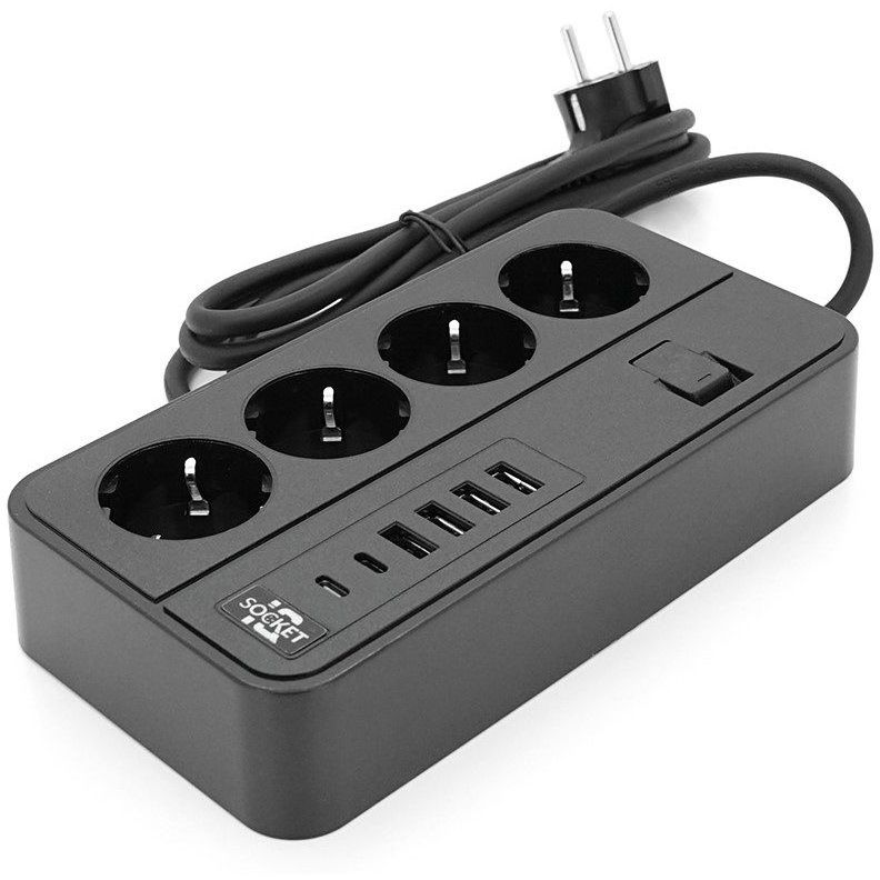 Мережевий фільтр-подовжувач Voltronic G-13 3000W 4 Socket + 4 USB 3.2 А + 2 Type-C 2 м Black - фото 1