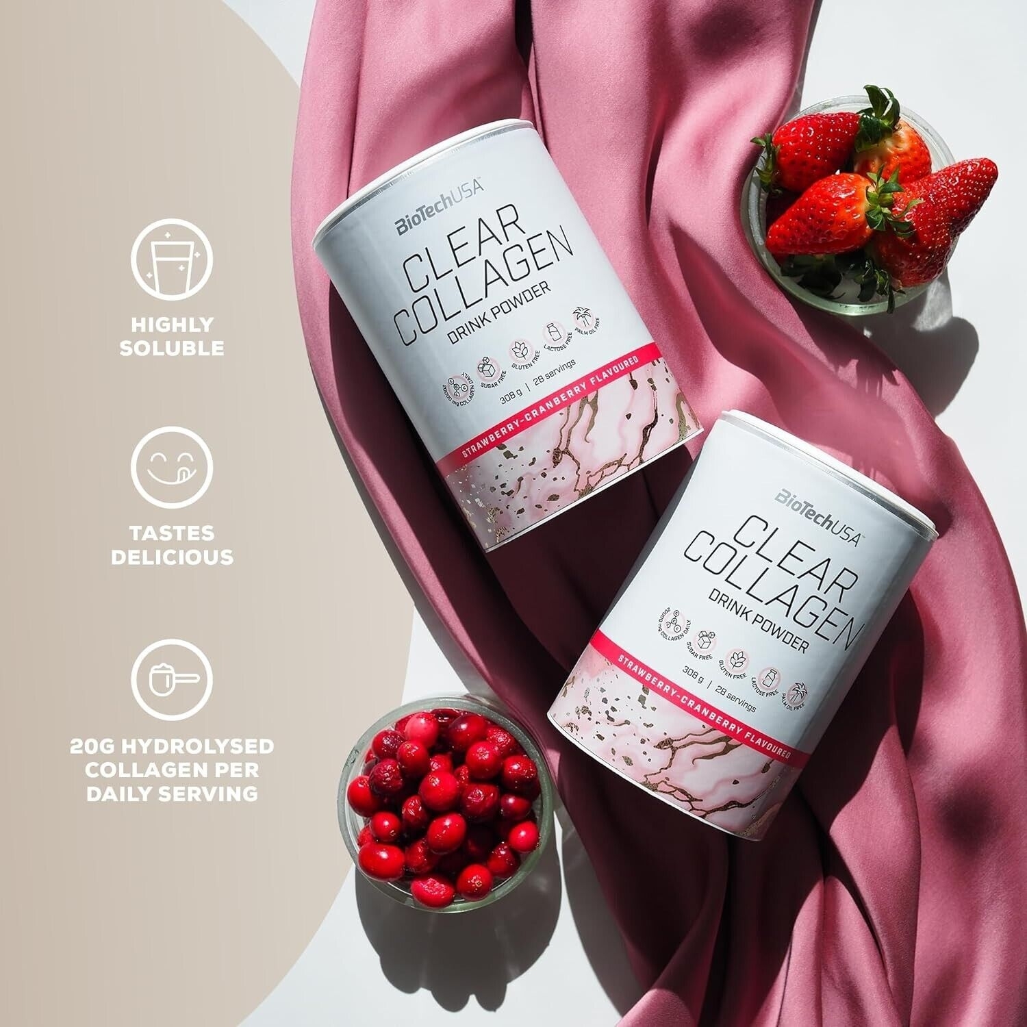 Для суставов и связок BiotechUSA Clear Collagen Strawberry-Cranberry 308 г - фото 2