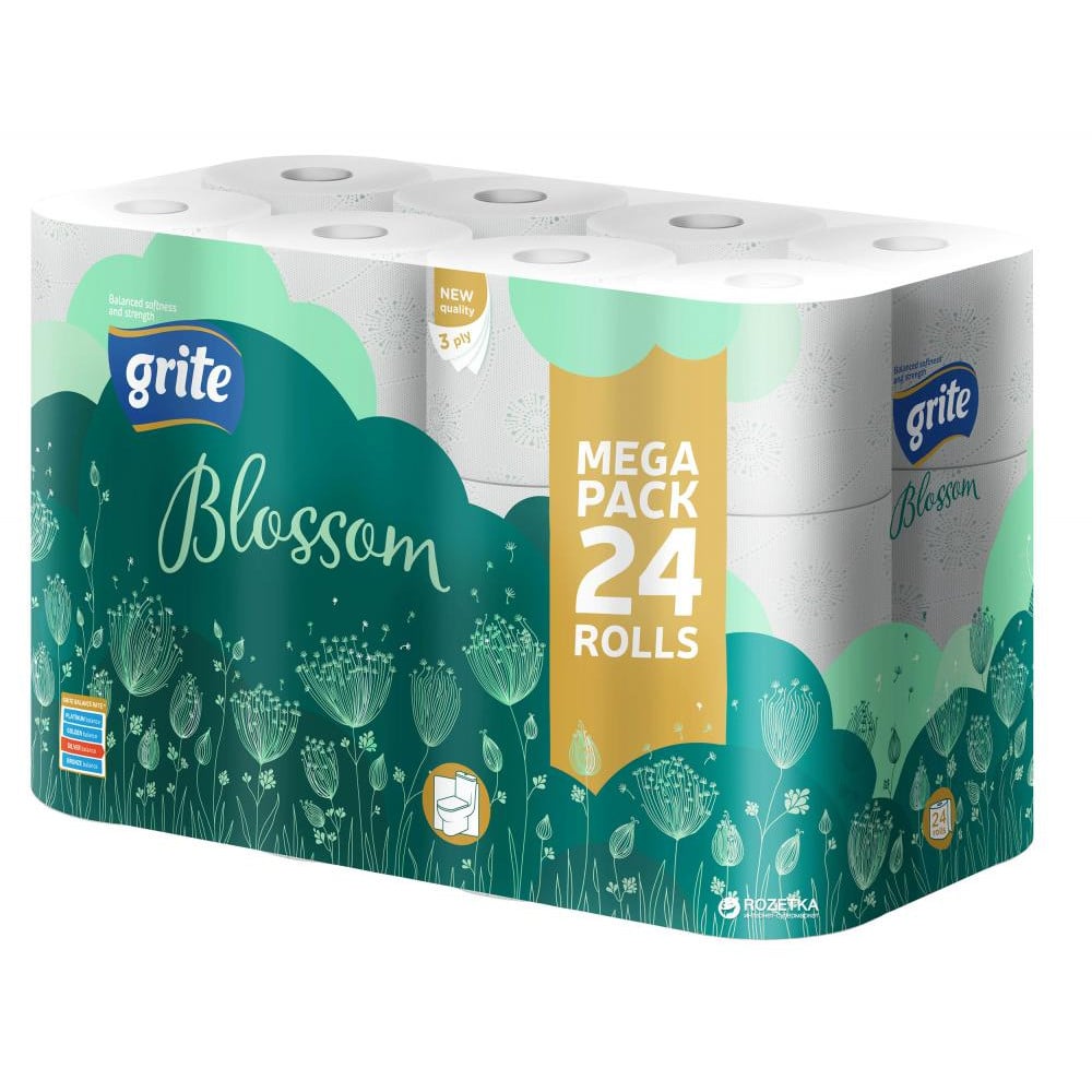Тришаровий туалетний папір Grite Blossom, білий, 24 рулони - фото 1