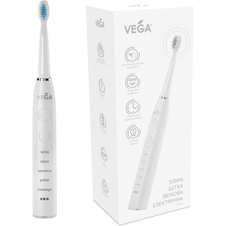 Електрична звукова зубна щітка Vega VT-600 W 5 режимів чищення біла - фото 3
