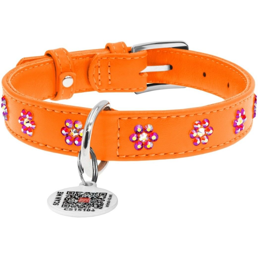 Ошейник для собак Waudog Glamour со стразами Цветочек, кожаный, с QR паспортом, L, 30-39х2 см, оранжевый - фото 1