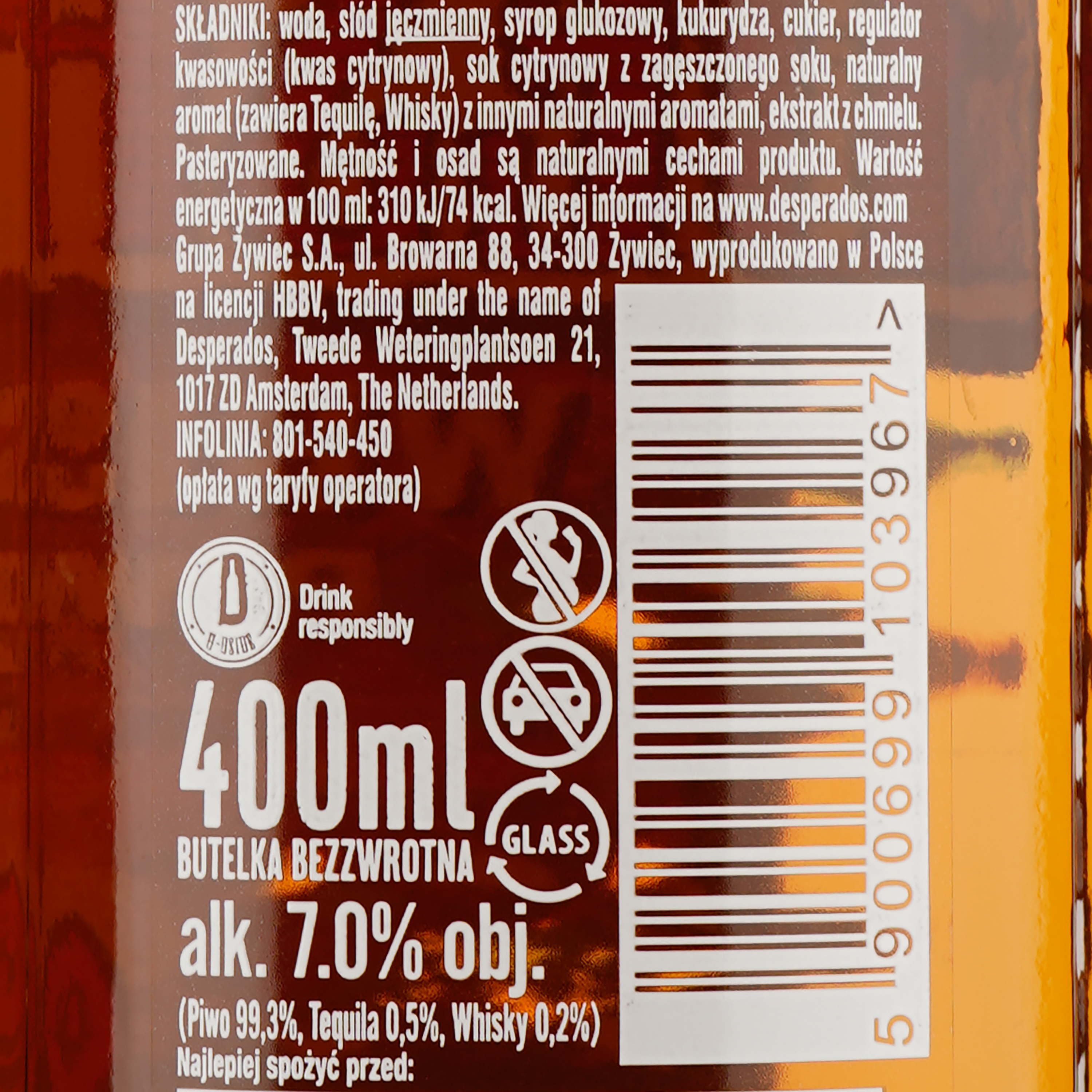 Пиво Desperados Whisky, светлое, 7%, 0,4 л (908045) - фото 4