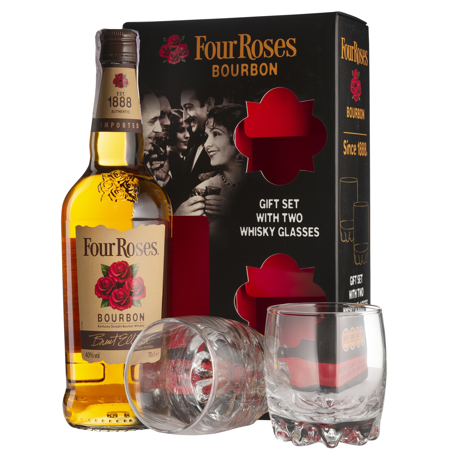 Виски Four Roses Kentucky Straight Bourbon Whiskey, 40 %, 0,7 л + 2 стакана (29907) - фото 1