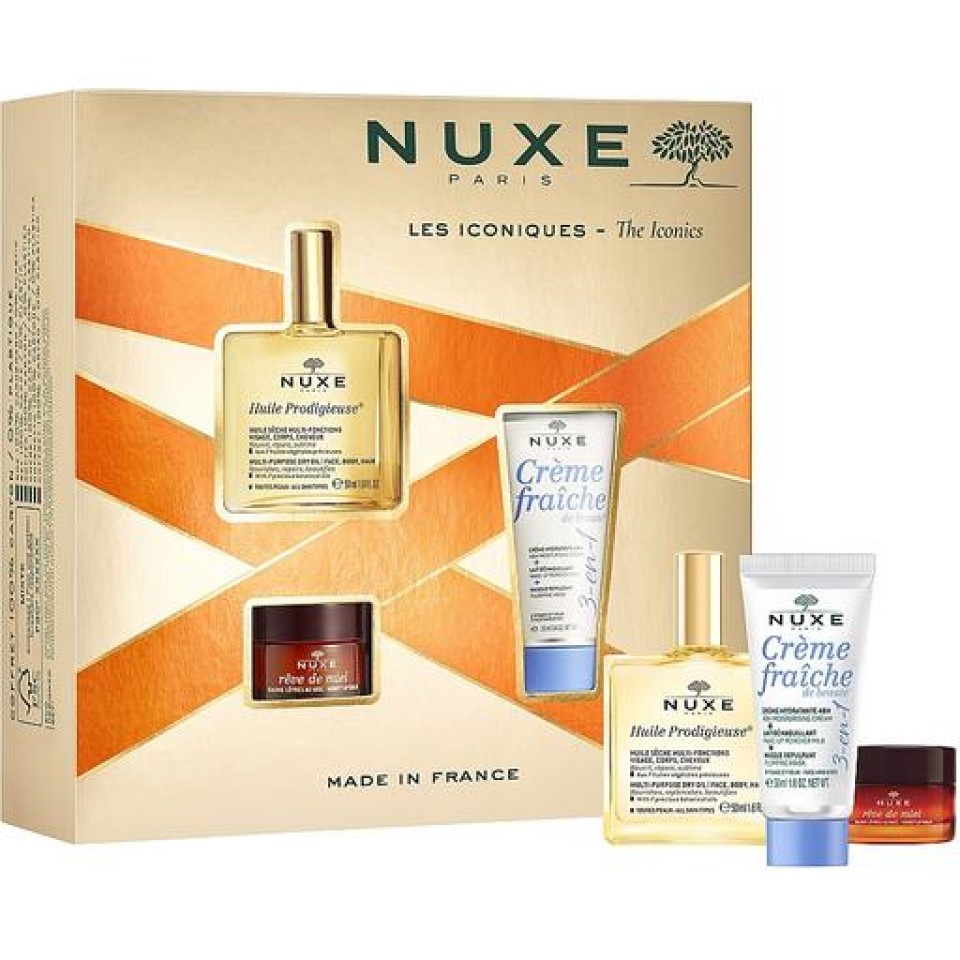 Набор Nuxe Les Iconiques: сухое масло Huile Prodigieuse 50 мл + бальзам для губ Reve de Miel 15 мл + крем для лица Creme Fraiche 3-в-1, 30 мл - фото 1