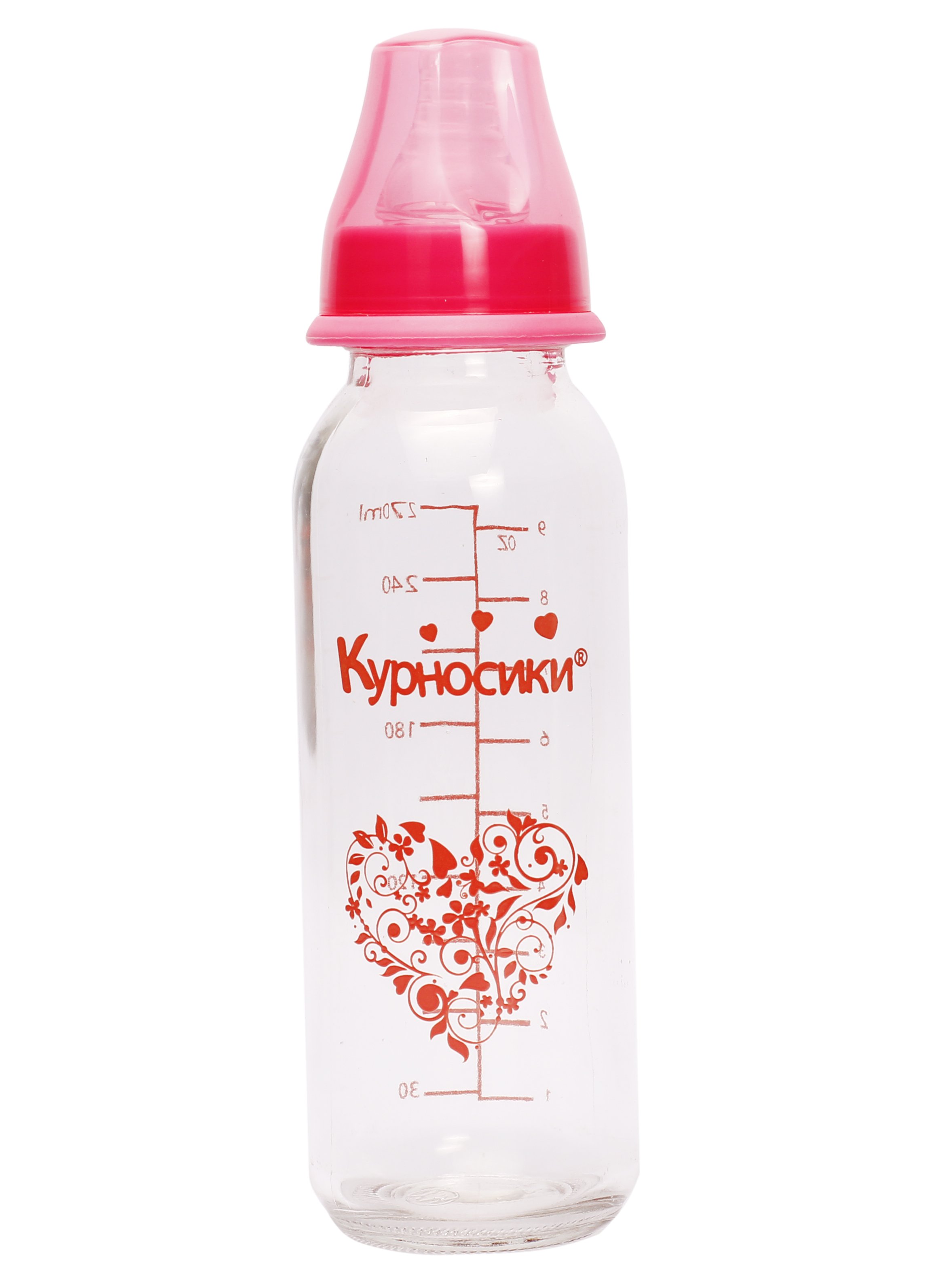Пляшечка для годування Курносики, скляна, з силіконовою соскою, від 3 міс., 270 мл, рожевий (7011 рож) - фото 1
