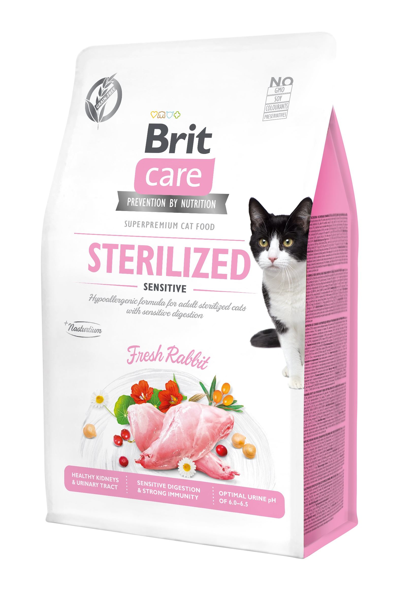 Беззерновой сухой корм для для взрослых стерилизованных котов с чувствительным пищеварением Brit Care Cat GF Sterilized Sensitive, со свежим кроликом, 0,4 кг - фото 1