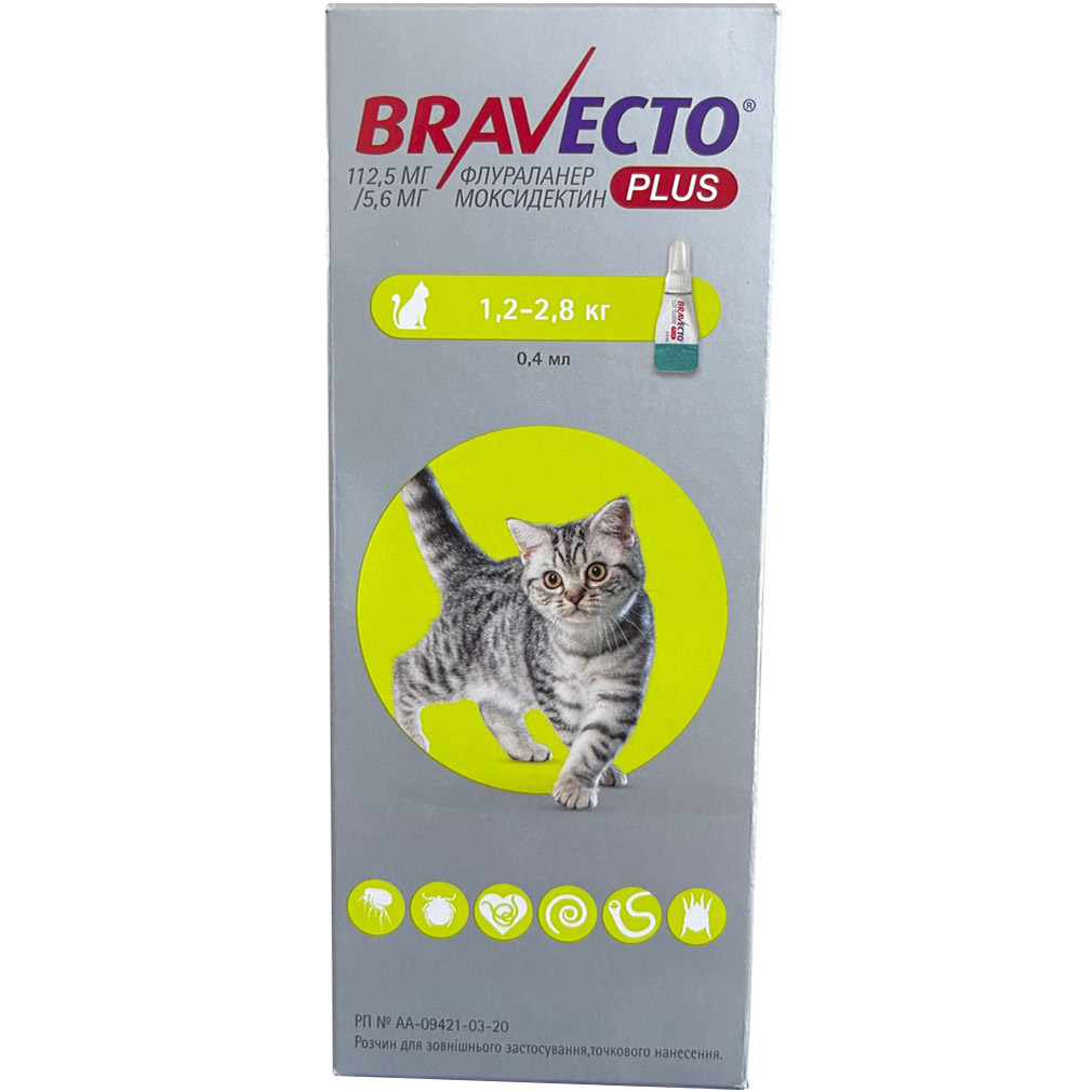 Средство от паразитов Bravecto Plus Spot-on, для кошек весом 1,2-2,8 кг, 112,5 мг - фото 1