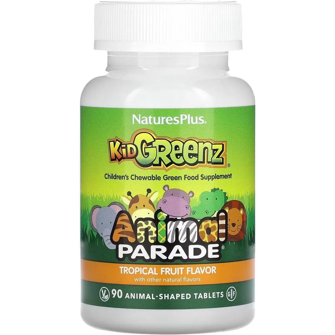 Витаминный комплекс из зеленых суперфудов для детей NaturesPlus Animal Parade Kid Greenz Тропические фрукты 90 жевательных таблеток - фото 1