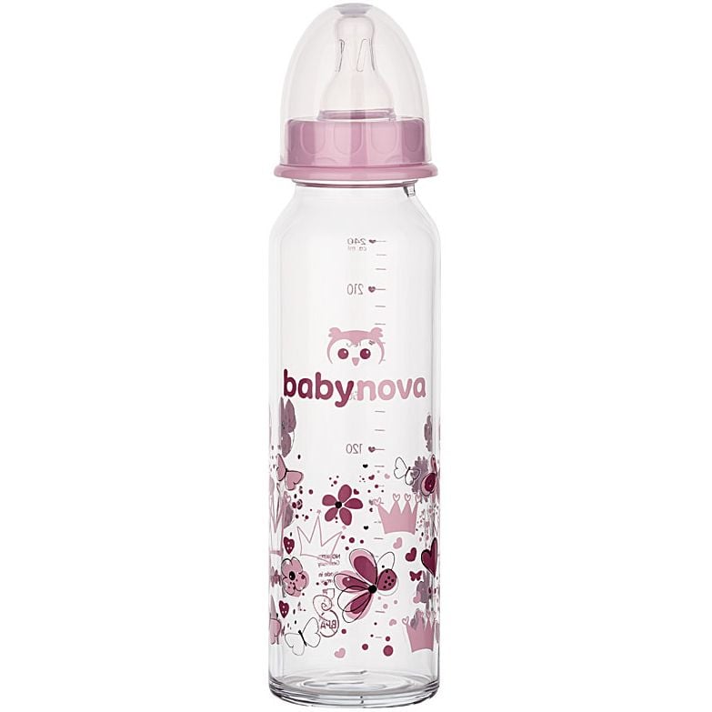 Бутылочка Baby-Nova Декор, стеклянная, 240 мл, розовый (3960324) - фото 1