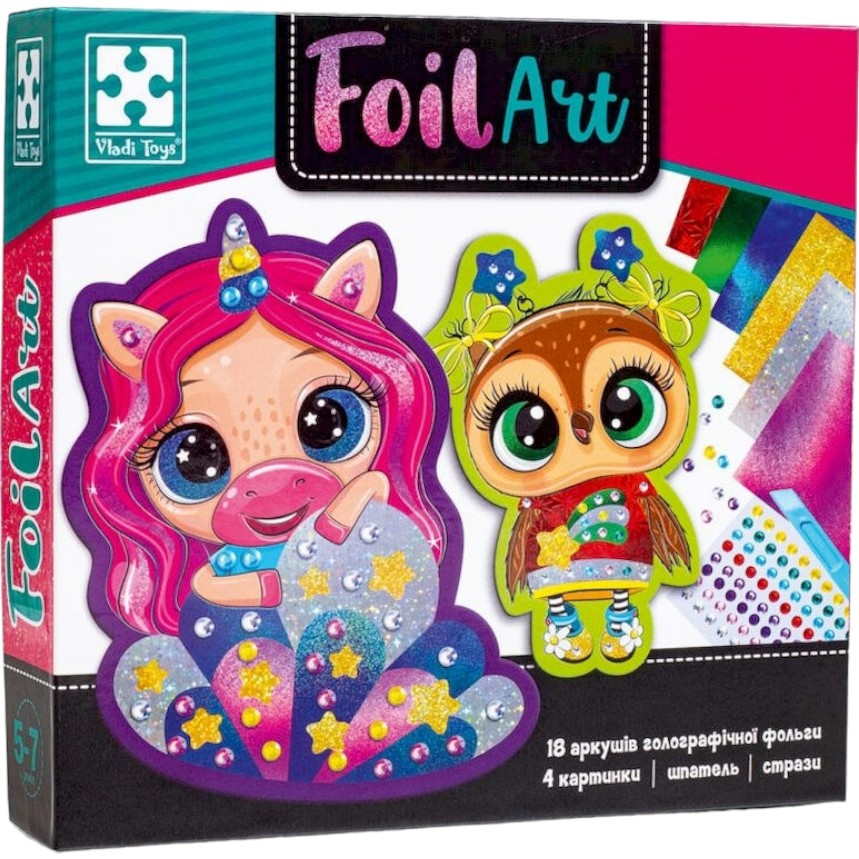 Набор для творчества Vladi Toys Foil Art Очаровательные животные VT4433-10 фольга, шпатель, стразы - фото 1