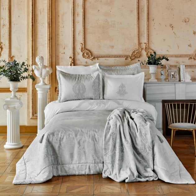 Набор постельное белье с покрывалом и пледом Karaca Home Adrila silver, евро, серебро, 10 предметов (svt-2000022273206) - фото 1