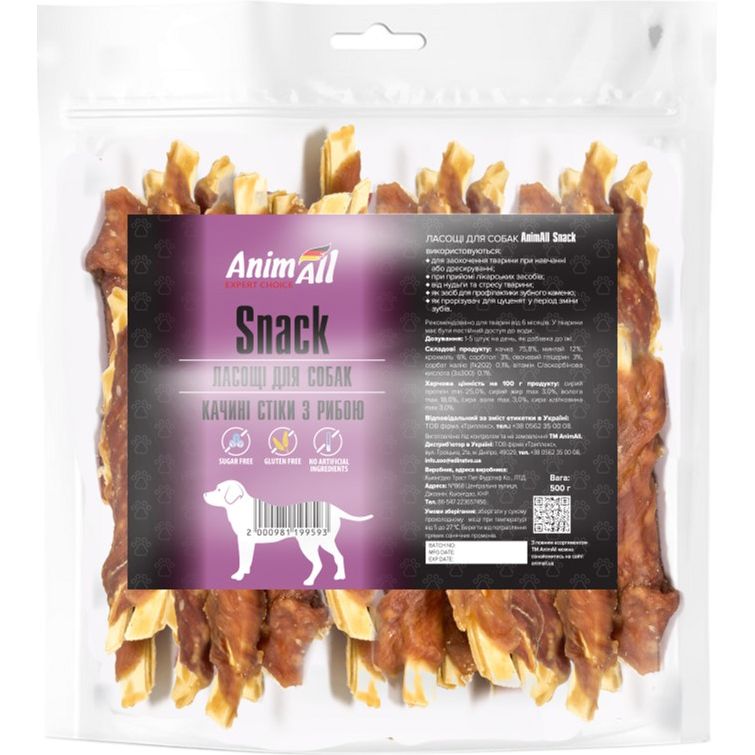 Ласощі для собак AnimAll Snack качині стіки з рибою, 500 г - фото 1