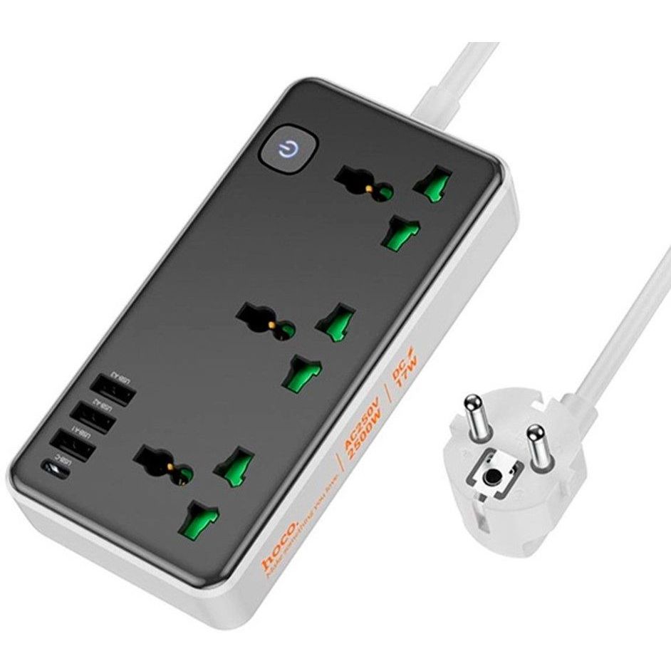 Мережевий фільтр подовжувач Hoco AC7-A 3 розетки + 3 USB+USB-C 17W 220В кабель 15м Black-White - фото 1