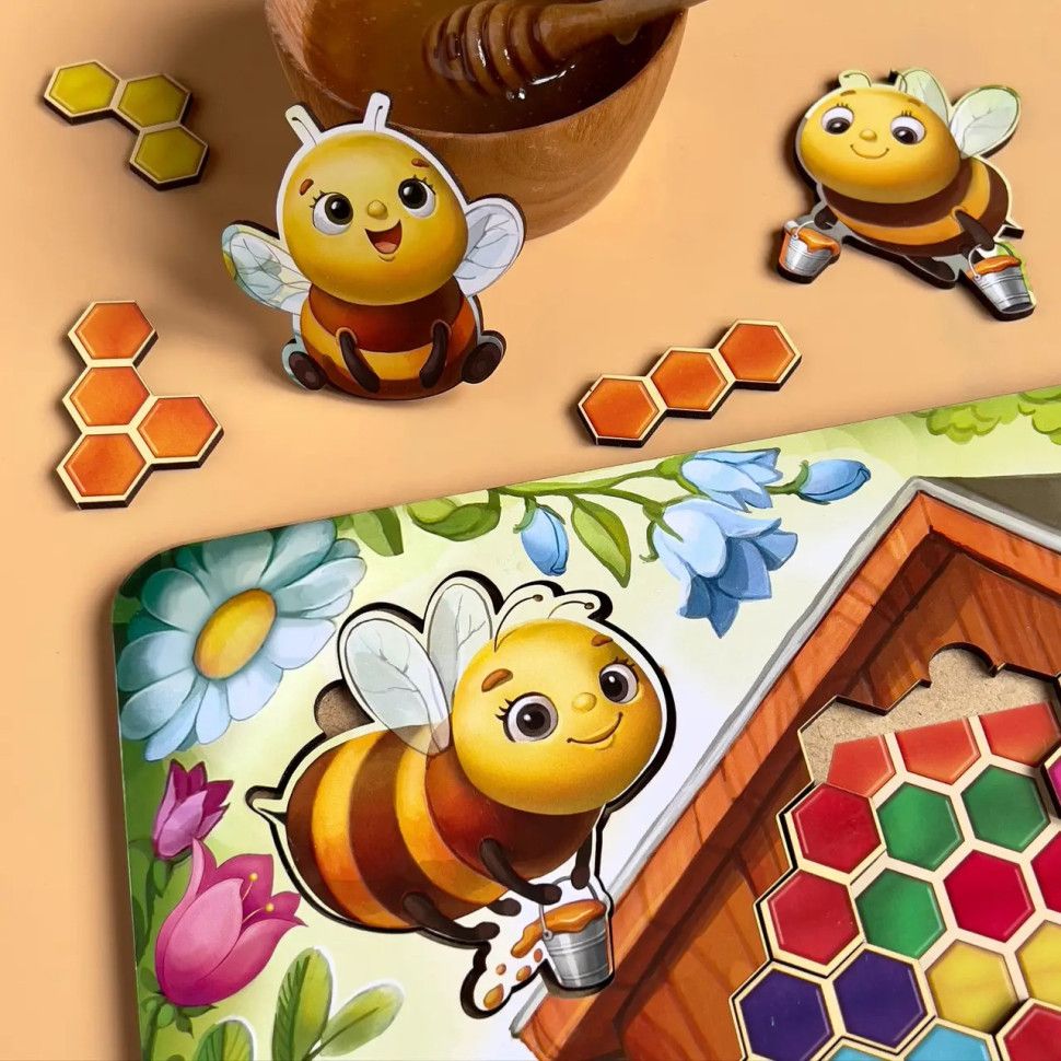 Деревянный пазл-вкладыш Веселые пчелки Ubumblebees (ПСД165) PSD165 сортер-тетрис - фото 3