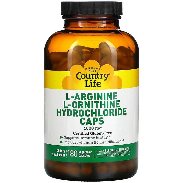 Аминокислотный комплекс L-аргинин L-орнитин Country Life Hydrochloride Caps 1000 мг 180 капсул - фото 1