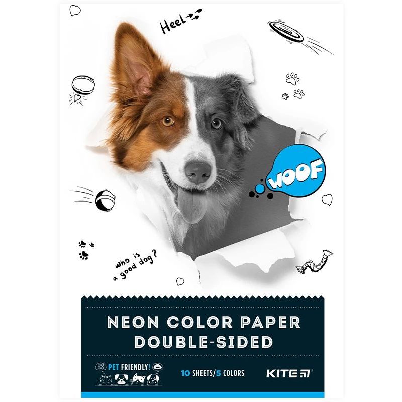 Бумага цветная Kite Dogs неоновая А4 10 листов 5 цветов (K22-252) - фото 1