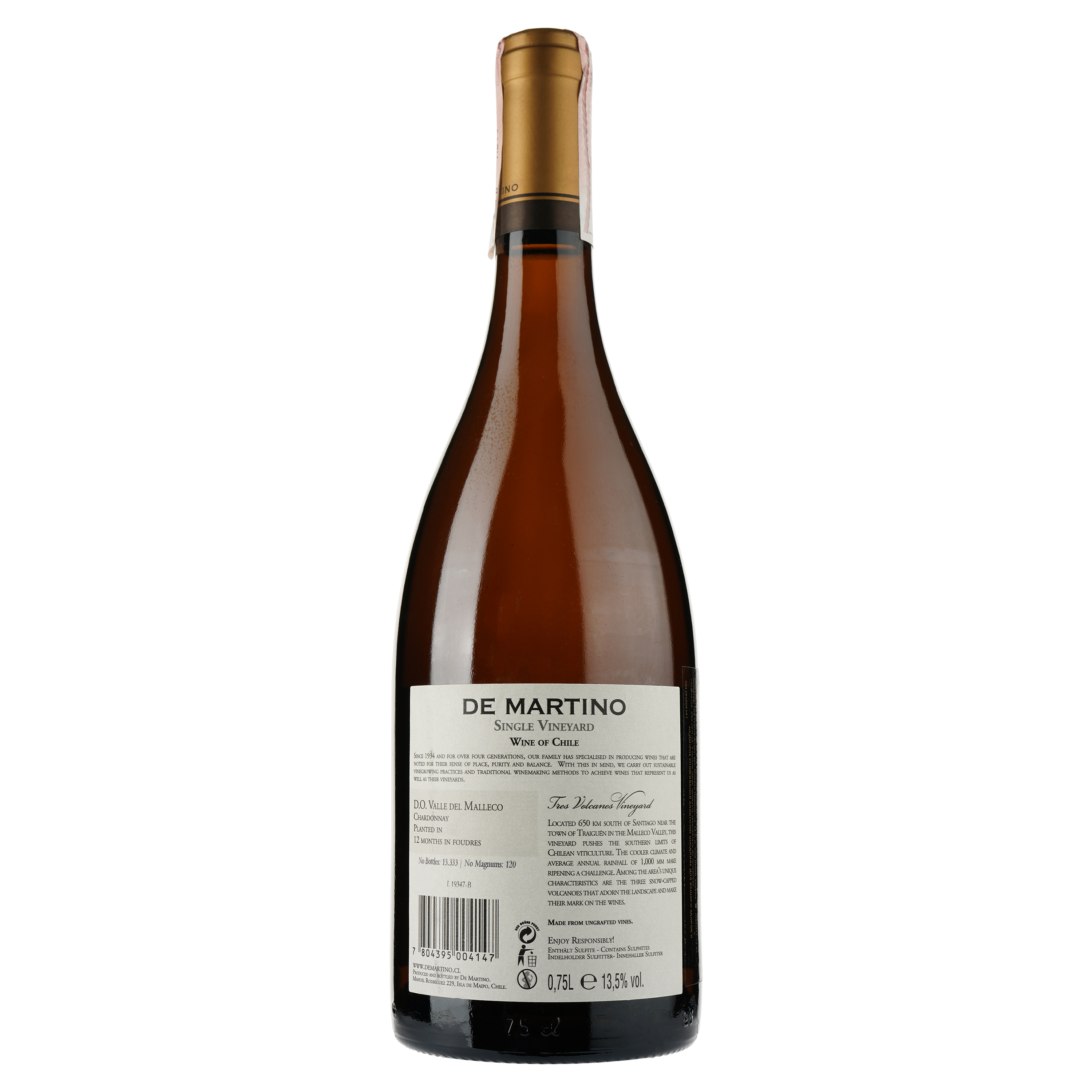 Вино De Martino Single Vineyar Tres Volcanes Chardonnay, біле, сухе, 13,5%, 0,75 л - фото 2