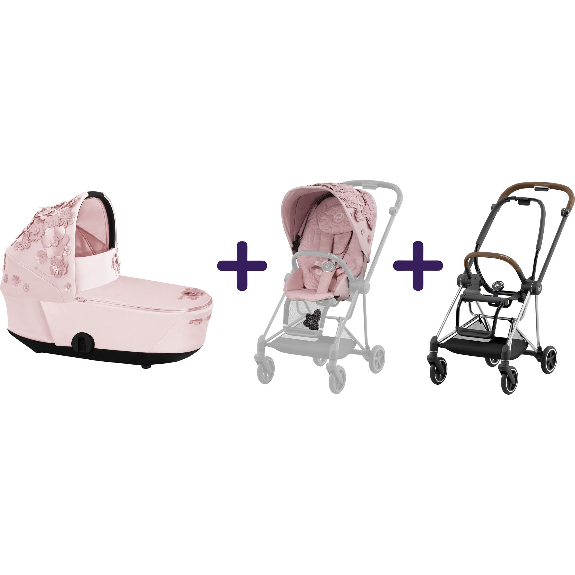 Люлька Cybex Mios Lux Simply flowers pink + Комплект текстиля Cybex Mios Simply flowers pink + Шасси для коляски Cybex Mios LS RBA Chrome Brown - фото 1