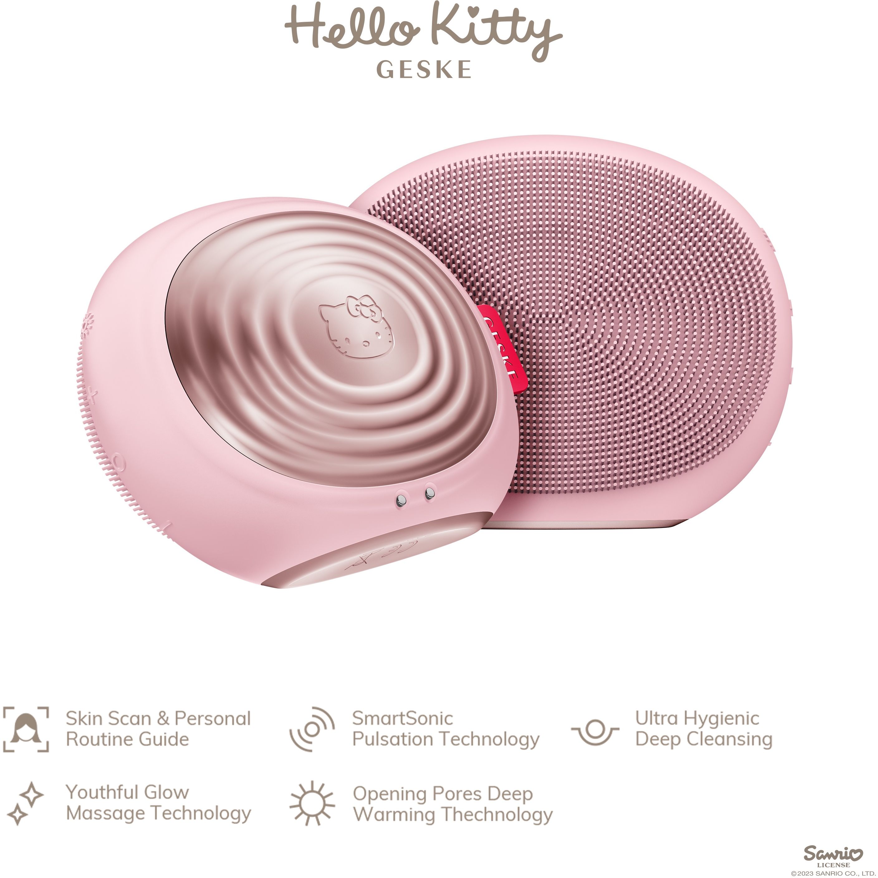 Електронна звукова термо щітка для обличчя GESKE Sonic Thermo Facial Brush 5 в 1 by Hello Kitty рожева - фото 3