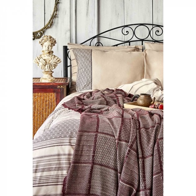 Набор постельного белья с покрывалом Karaca Home Sadra bordo 2020-1, евро, бордовый, 5 предметов (svt-2000022238793) - фото 2