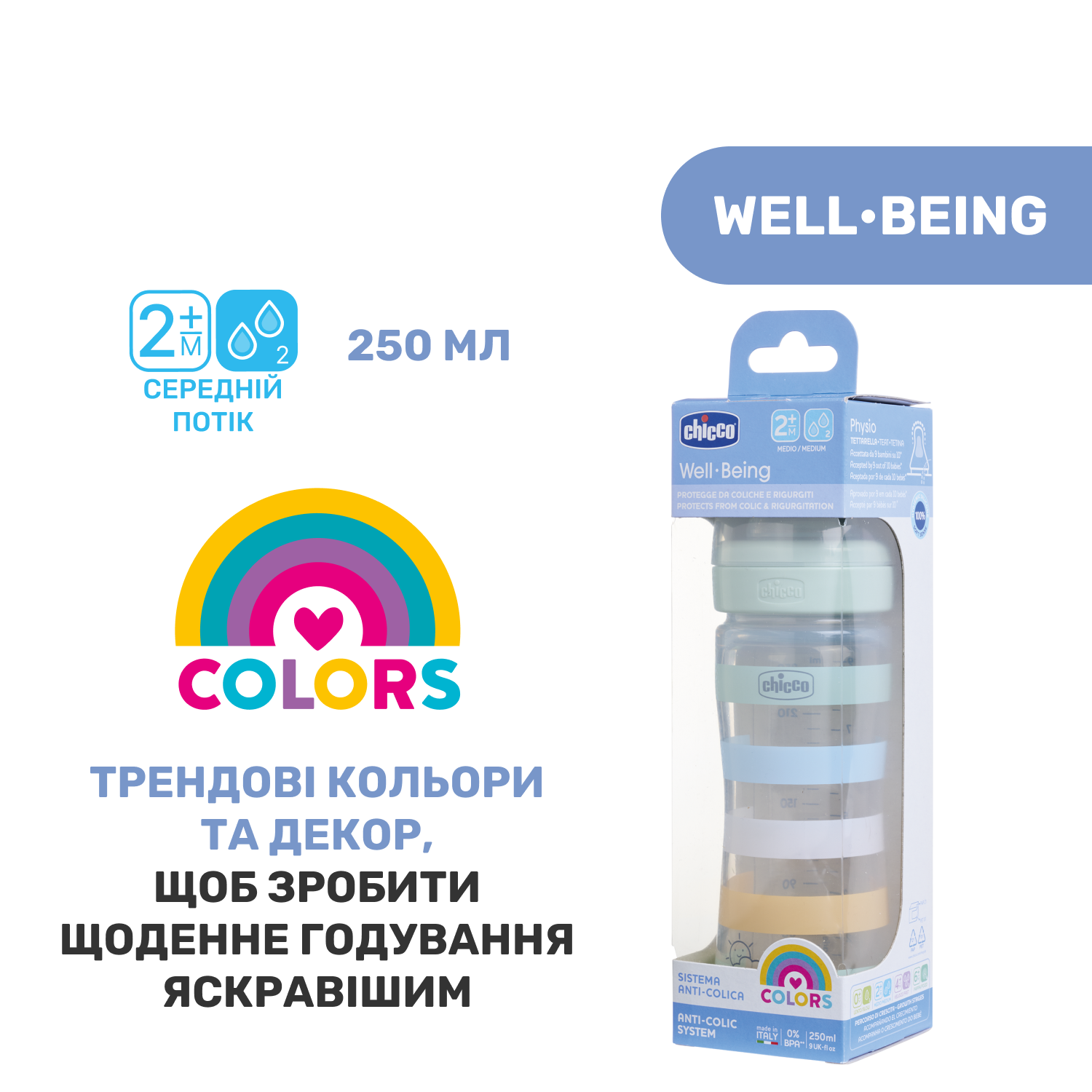 Бутылочка для кормления Chicco Well-Being Colors, с силиконовой соской 2м+, 250 мл, мятная (28623.21) - фото 8