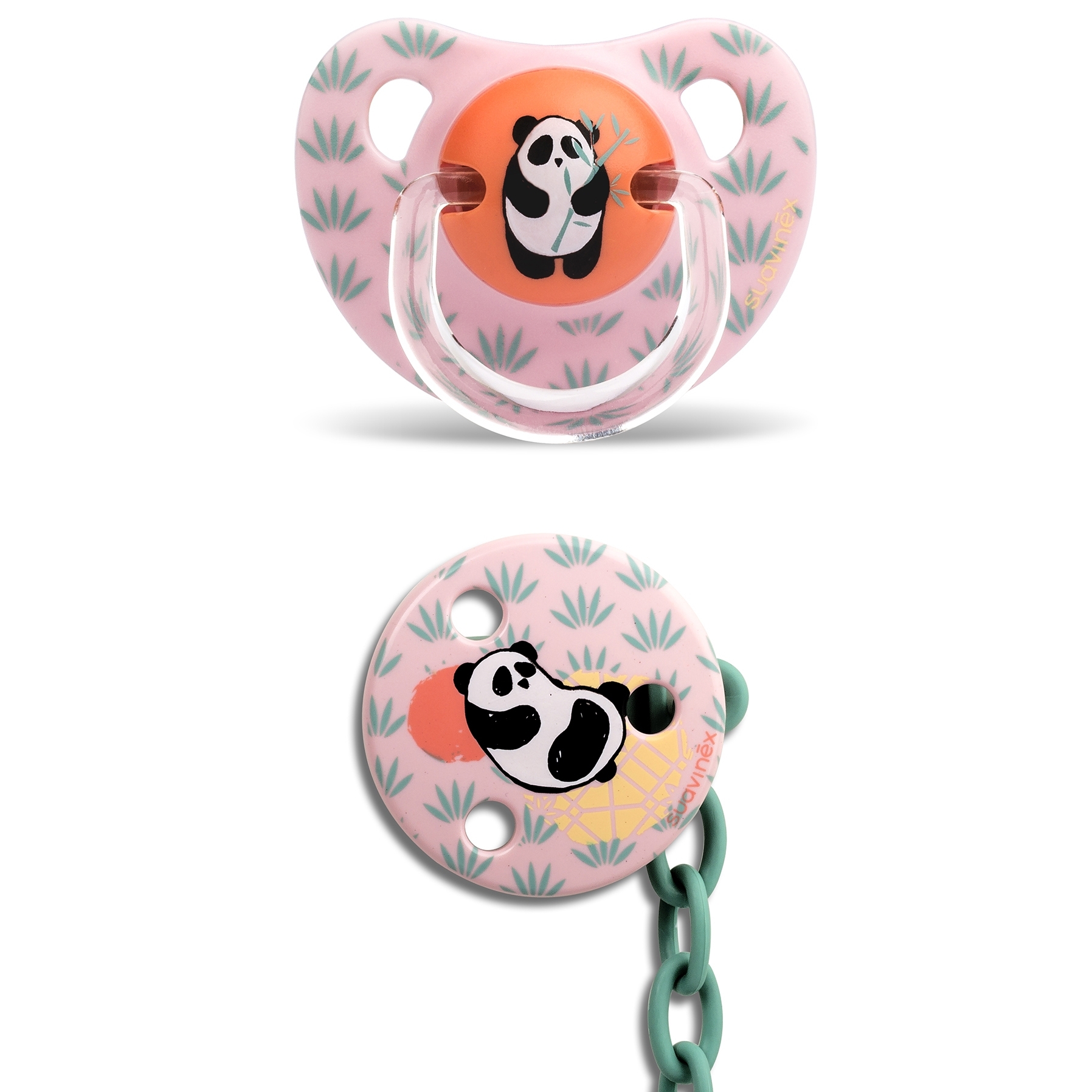 Пустышка силиконовая и цепочка Suavinex Истории панды, 6-18 мес., розовый (304022) - фото 1
