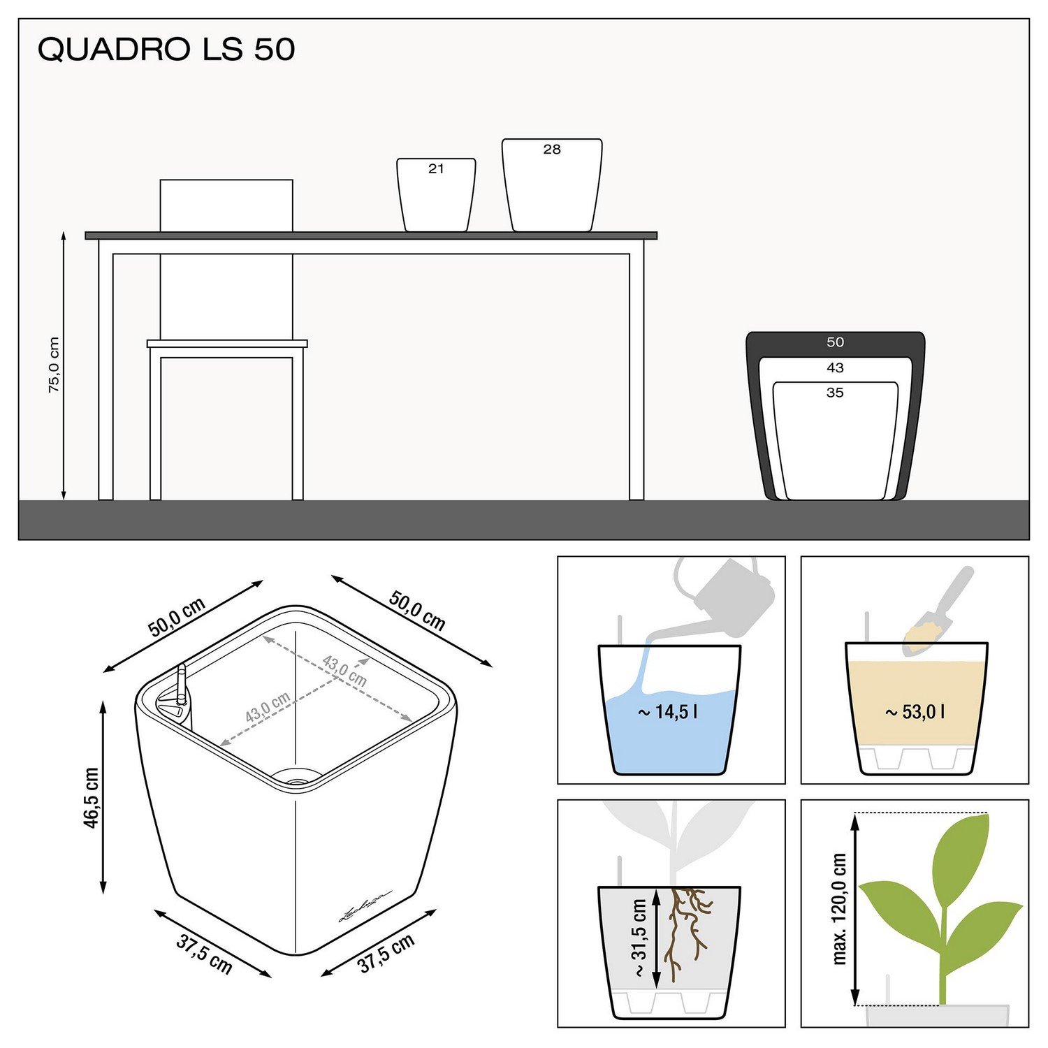 Вазон Lechuza Quadro Premium LS, 53 л, серо-коричневый (16285) - фото 4