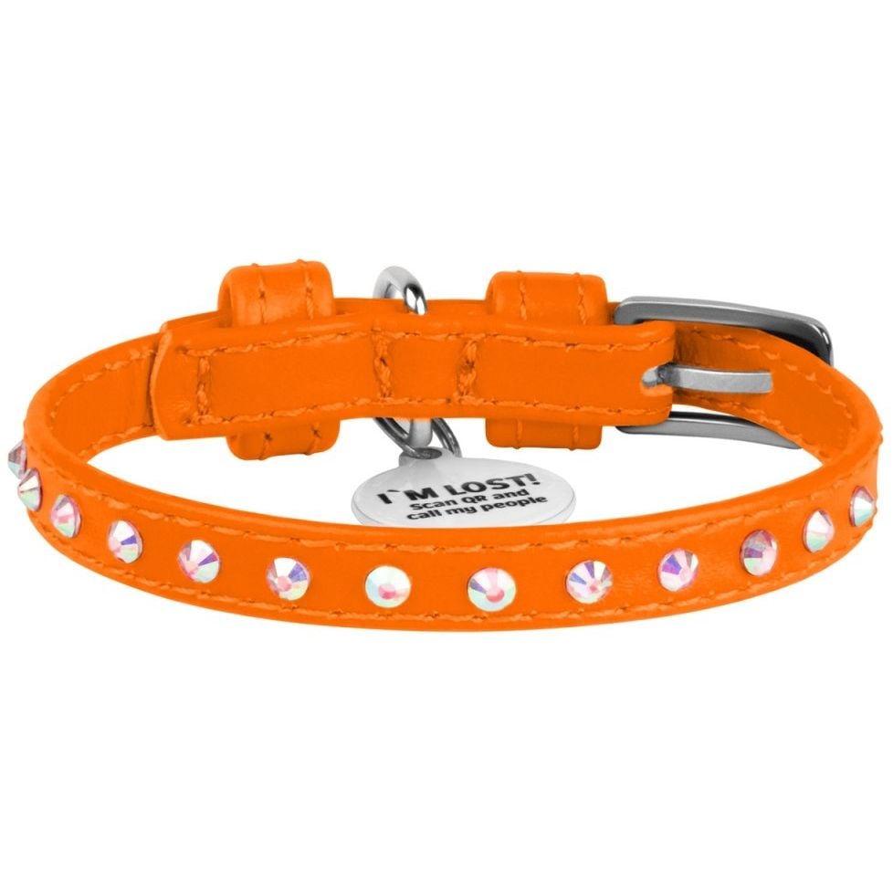 Ошейник для собак Waudog Glamour, кожаный, со стразами, с QR паспортом, XS, 19-25х0,9 см, оранжевый - фото 1
