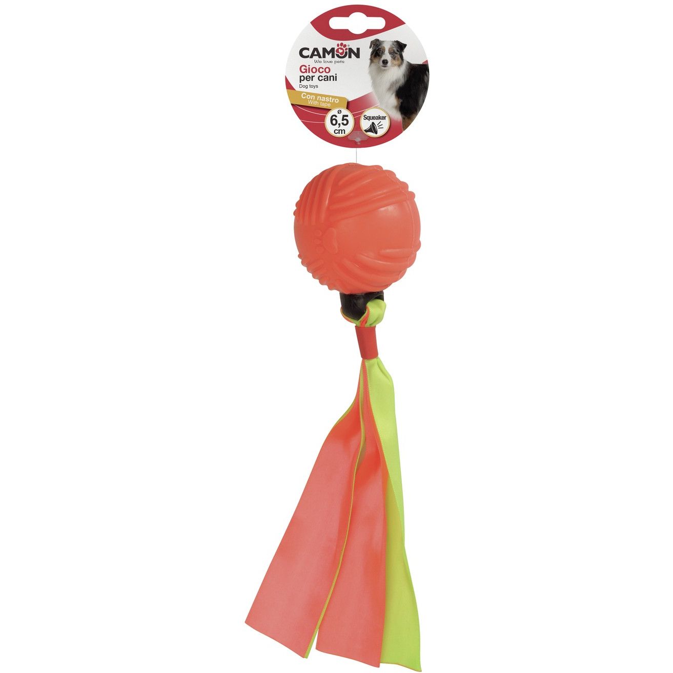 Игрушка для собак Camon мяч, из термопластичной резины, с лентами и пищалкой, 23х6,5 см - фото 1