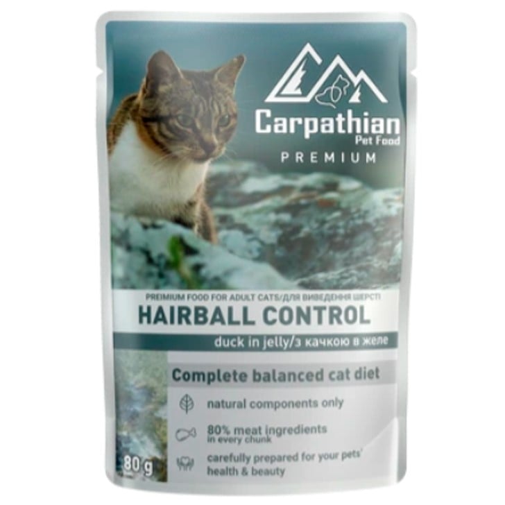 Вологий корм для котів Carpathian Pet Food Hairball control для виведення вовни, в желе з качкою, 80 г - фото 1