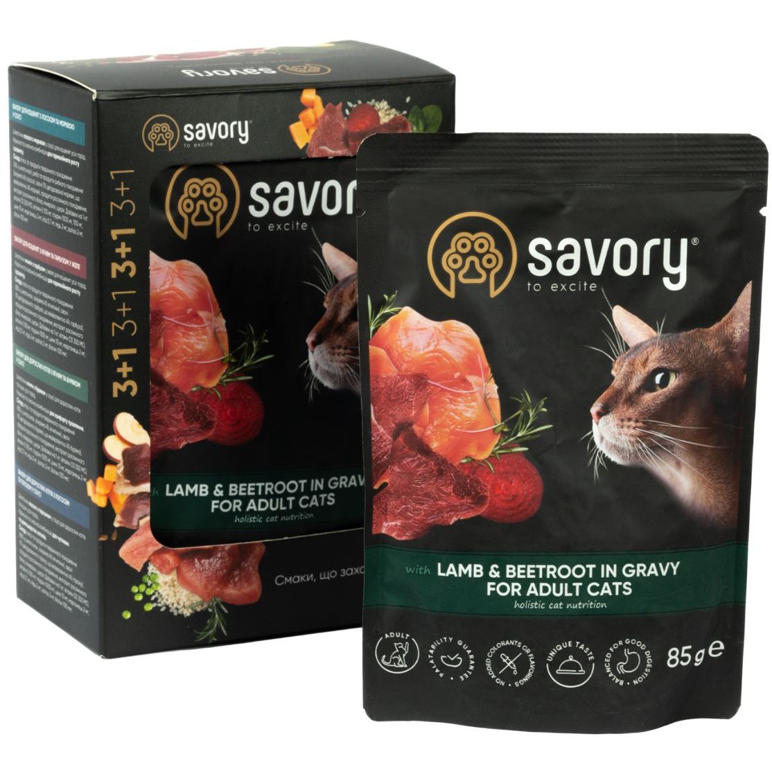 Набір вологих кормів Savory 3+1 для дорослих котів, ягня з буряком у соусі 340 г (4 шт. х 85 г) - фото 1