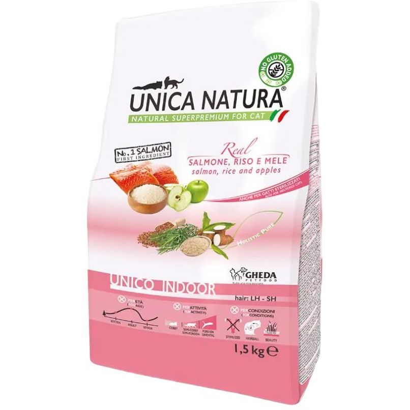 Сухой корм для кошек Unica Natura Indoor лосось с рисом и яблоками 1.5 кг - фото 1