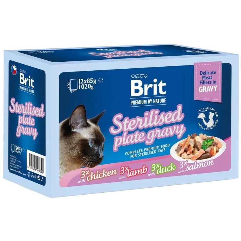 Влажный корм для стерилизованных кошек Brit Premium Delicate Fillets in Gravy Family Plate Sterilised Семейная тарелка в соусе 1020 г (12 x 85 г) - фото 1