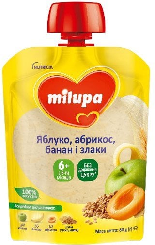 Фруктове пюре Milupa Pouch Яблуко, абрикос, банан зі злаками, 80 г - фото 1