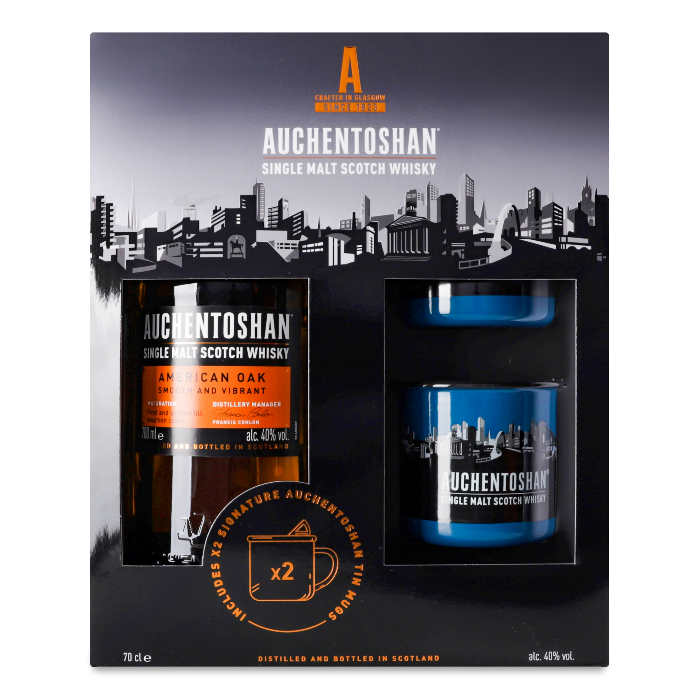 Набір: Віскі Auchentoshan American Oak, 40%, 0,7 л + 2 склянки, в асортименті (884605) - фото 1